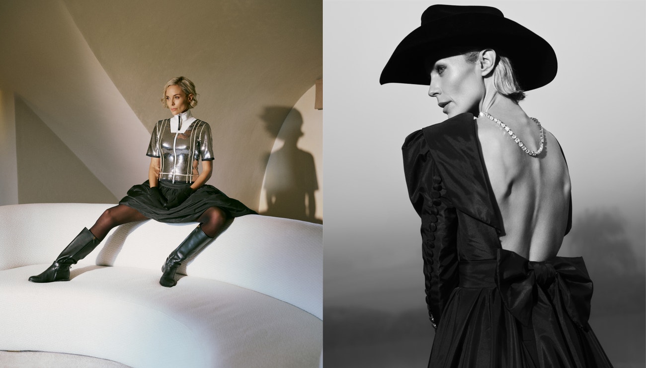 Left: Shirt GUCCI, skirt GRÃ DESTINO, boots RALPH LAUREN, black tights CALZEDONIA, gloves STYLIST ARCHIVE; right: Black dress WALERIO ARAUJO, cowboy hat SOL E LUA, pants FRANCESCA, boots* BALMAIN, jewellery RICHARD COLLECTION*