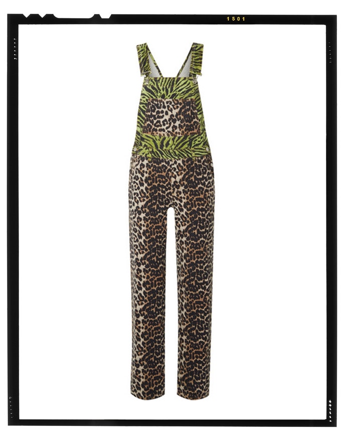 Paneled animal-print denim overalls, GANNI, sold by Net-A-Porter, 330 EUR