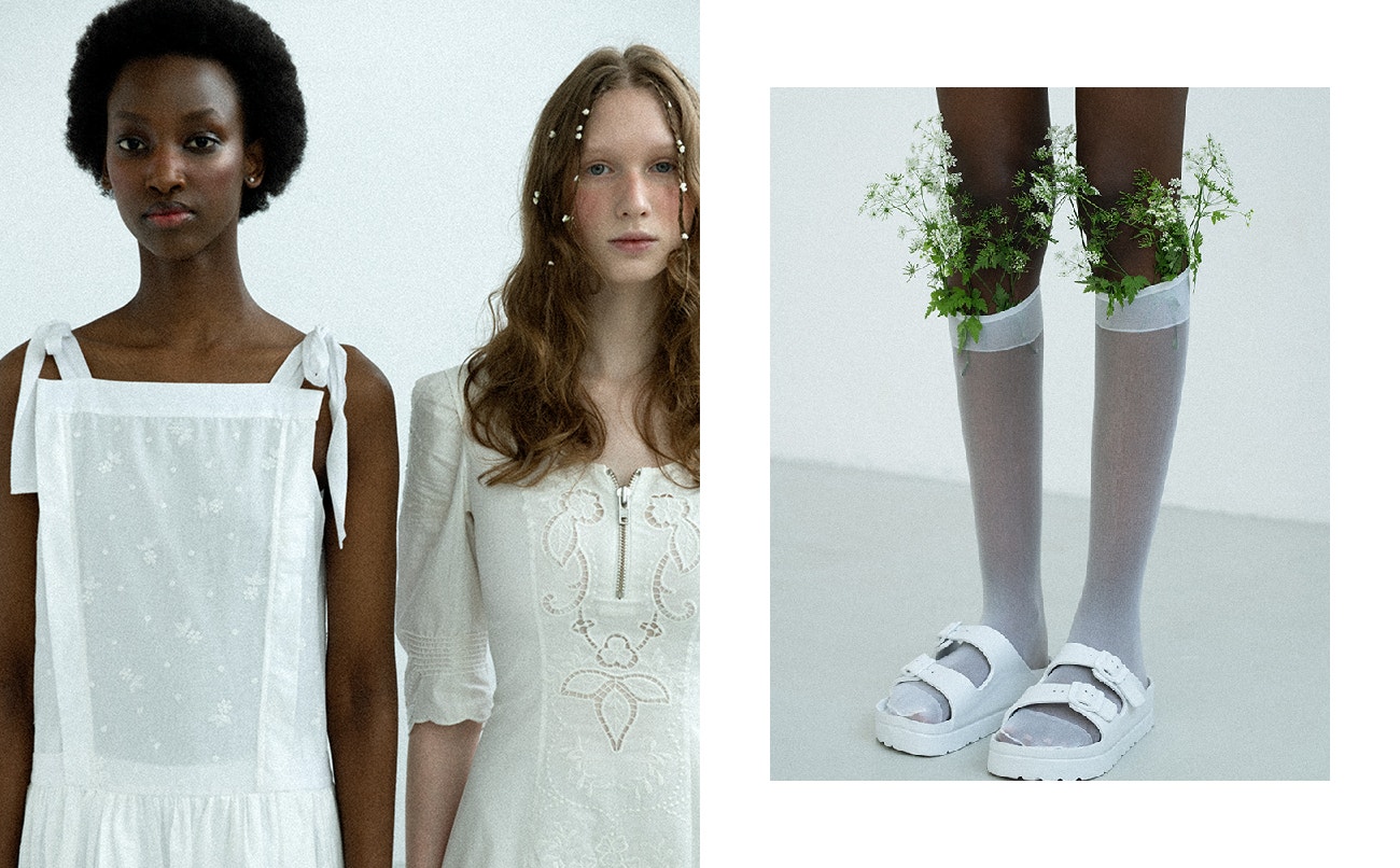 Vlevo: Kesey má na sobě šaty Philosophy di Lorenzo Serafini; Alex má na sobě šaty Alexa Chung.  Vpravo: podkolenky, Venezia; sandály, Truffle.
