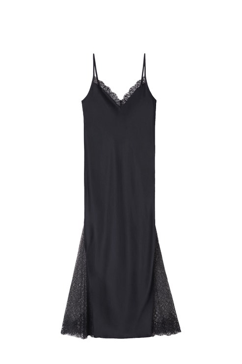 Černé hedvábné midi šaty na tenká ramínka s krajkovým lemem, INTIMISSIMI, 4 899 Kč