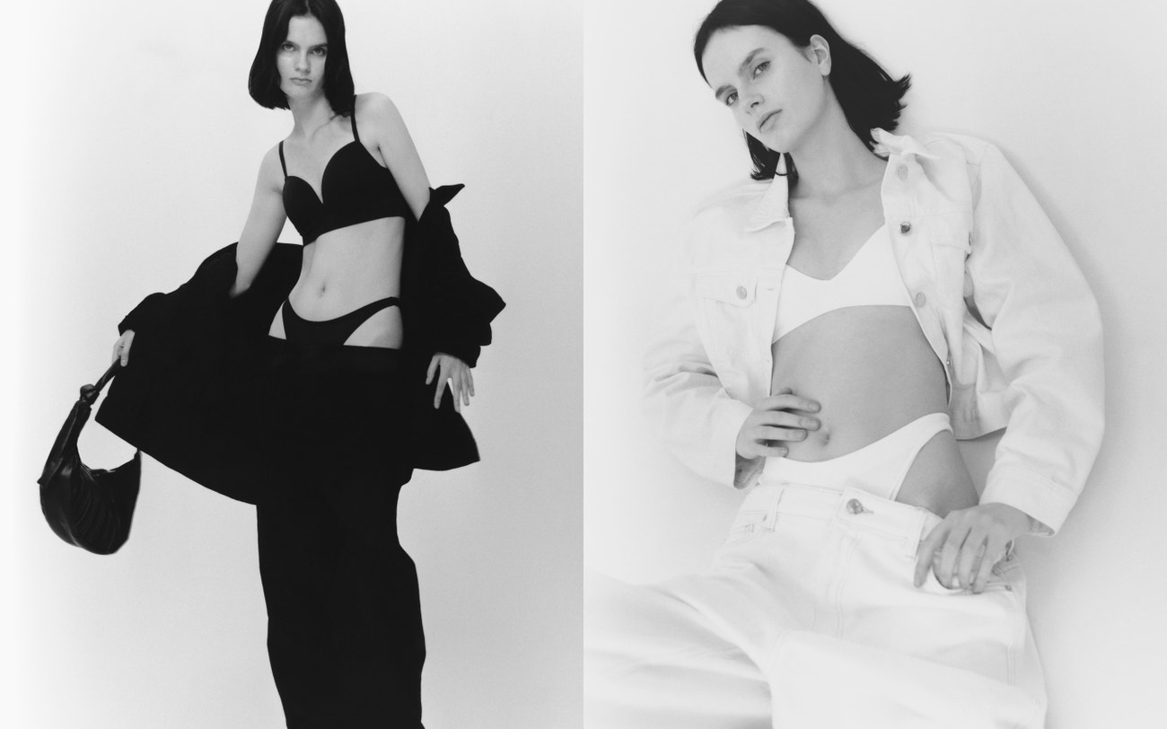 Vlevo: bunda, kalhoty, obojí Acne Studios; spodní prádlo, Wolford; kabelka, The Row; boty, Stella McCartney.  Vpravo: bunda, kalhoty, obojí Jil Sander; spodní prádlo, Wolford; kabelka, The Row.