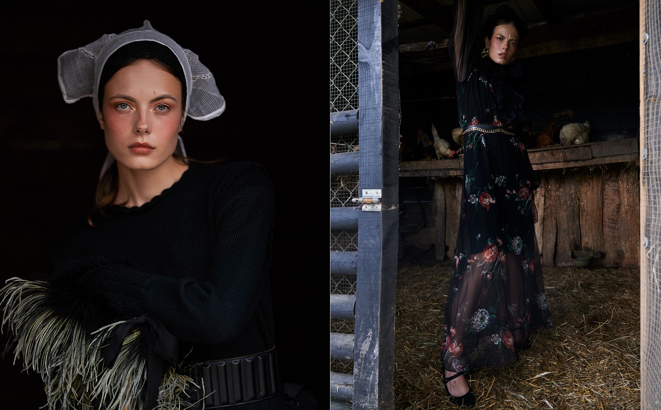 Vlevo: svetr, MANUEL BOLAÑO, sukně, kalhoty, pokrývka hlavy, vše LAS PEPITAS; pásek, FENDI.         Vpravo: šaty, LAS PEPITAS; náušnice, SAINT LAURENT; pásek, CHANEL; boty, DOLCE&GABBANA