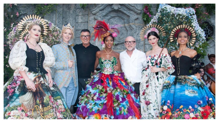 Lady Kitty Spencer, Eva Herzigova, Stefano Gabbano, Naomi Campbell, Domenico Dolce, Giulia Manini and Emma Weymouth at Dolce & Gabbana's Alta Moda, July 2018.