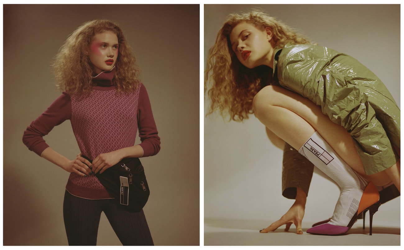 Vlevo: rolák, FENDI vintage; ledvinka, PRADA; legíny, COS.  Vpravo: kabát, COS; kraťásky, ZUZANA KUBÍČKOVÁ; ponožky, PRADA; lodičky, VERSACE.