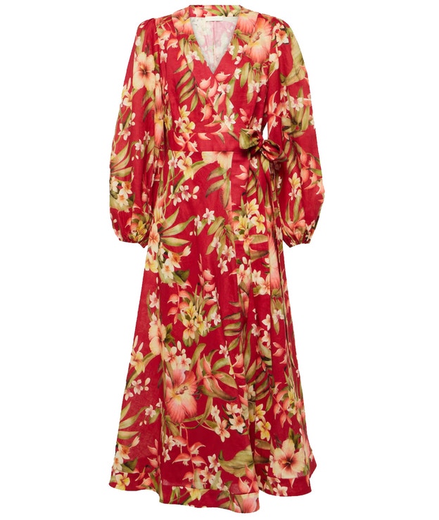 Červené šaty s květinovým potiskem, ZIMMERMAN, prodává Mytheresa, 850 €
