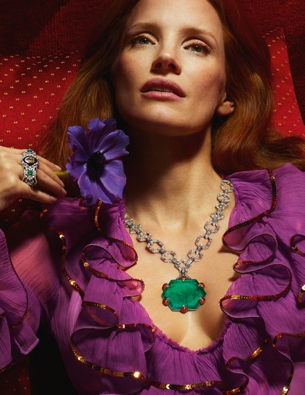 Jessica Chastain se šperky z kolekce Gucci High Jewelry Hortus Deliciarum
