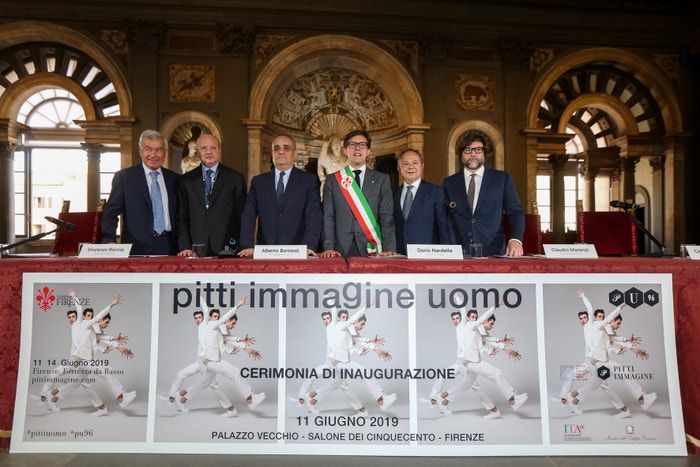 The opening ceremony, with Italy's Minister of Culture, Alberto Bonisoli (centre), and Dario Nardella, the Mayor of Florence (wearing a sash).