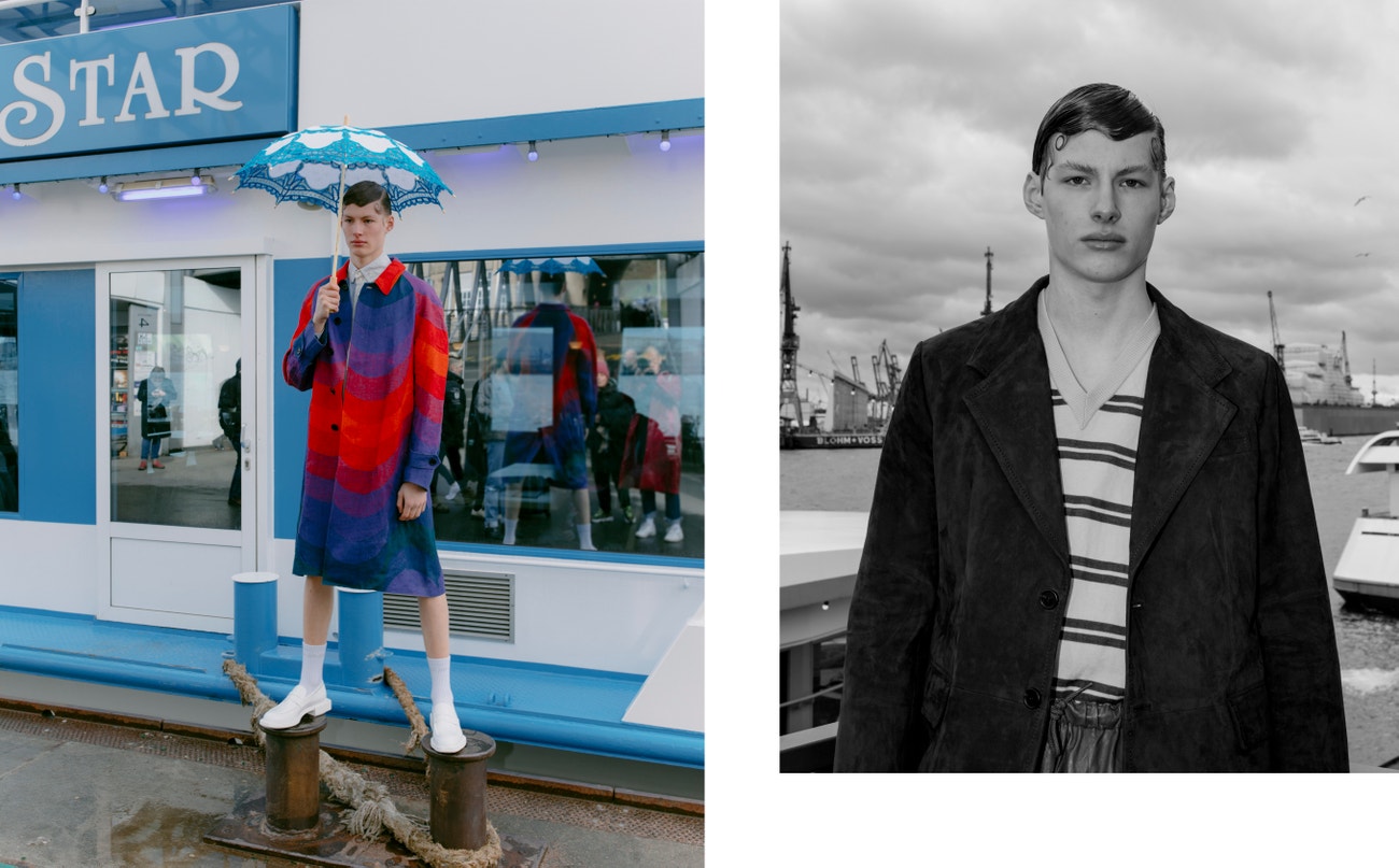 Vlevo: kabát, Dries Van Noten; košile, Vivienne Westwood; šortky, Lanvin; boty, Alexander McQueen.  Vpravo: svetr, Lanvin; kabát, Prada; kalhoty, Kenzo.