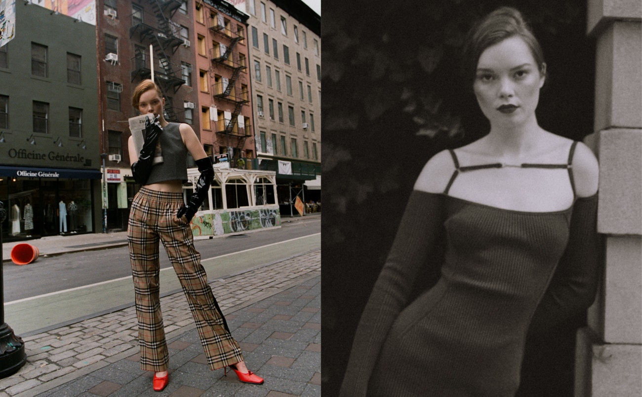 Vlevo: top MASION MARGIELA, náušnice JUSTINE CLENQUET, kalhoty BURBERRY, rukavice CYNTHIA ROWLEY, boty STAUD; Vpravo: svetr JACQUEMUS, náušnice DIANA LECOMPTE