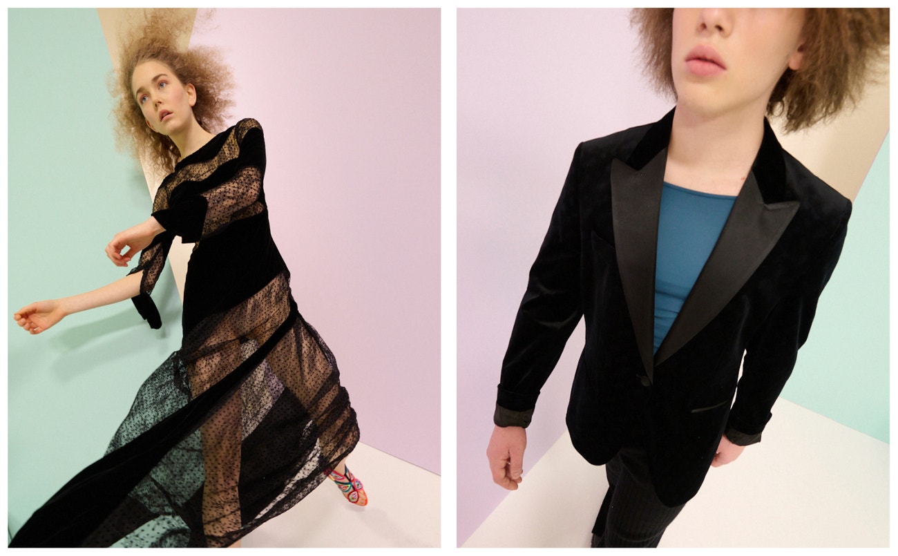 Vlevo: šaty, For Love & Lemons, prodává ANSWEAR, 11 199 Kč; boty, Kat Maconie Tanu, prodává ANSWEAR, 10 199 Kč.  Vpravo: sako, Boss, prodává ANSWEAR, 11 999 Kč; triko, Calvin Klein, prodává ANSWEAR, 2 499 Kč; boty, Karl Lagerfeld, prodává ANSWEAR, 5 599 Kč; kalhoty, Twinset, prodává ANSWEAR, 6 099 Kč.