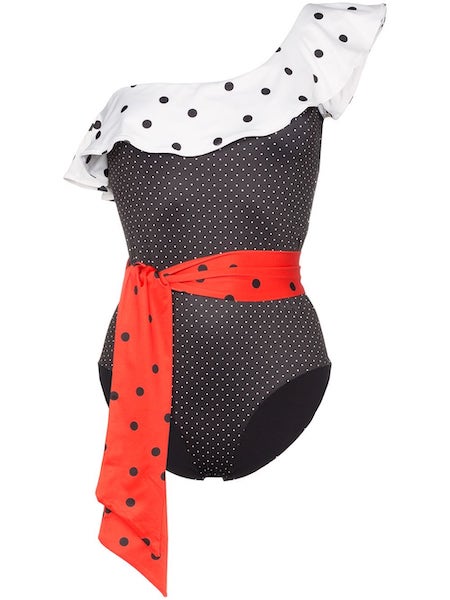 Puntíkované plavky s volánem, Ganni, prodává Farfetch.com, 186 €