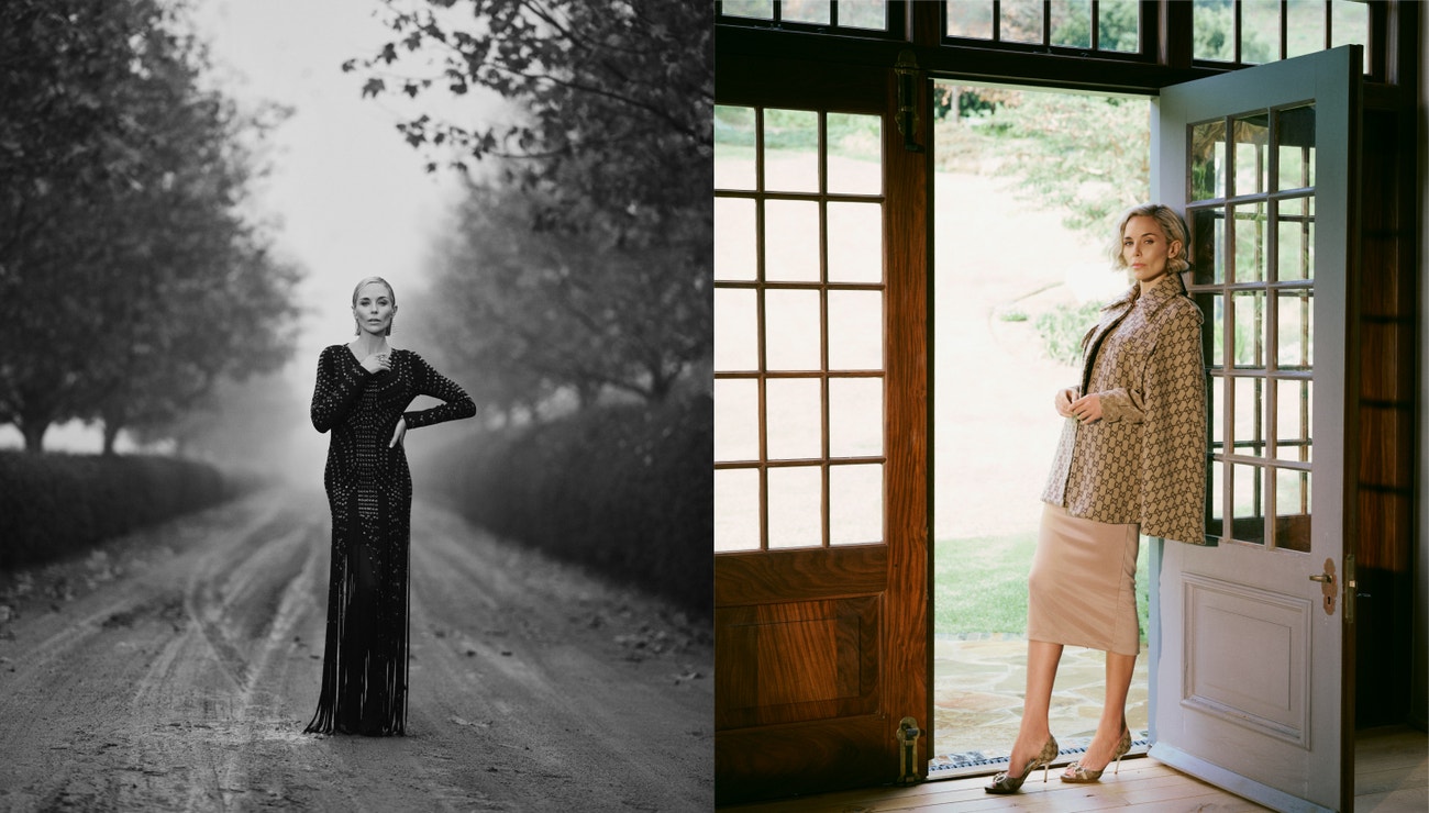Left: Dress HERVE LEGER, jewellery RICHARD COLLECTION, shoes YVES SAINT LAURENT; right: Blazer, shoes and shirt GUCCI, skirt SPLASH