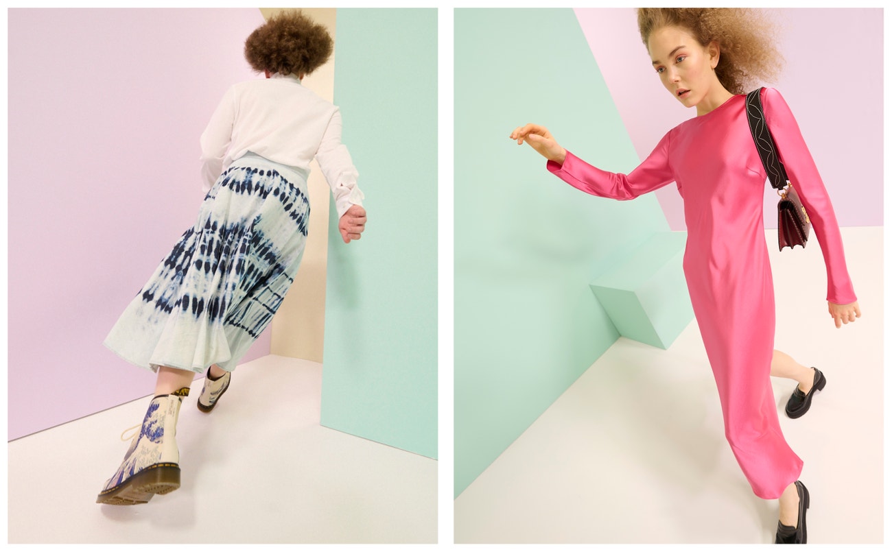 Vlevo: sukně, Weekend Max Mara, prodává ANSWEAR, 8 299 Kč; košile, Boss, prodává ANSWEAR, 2 999 Kč; boty, Dr. Martens, prodává ANSWEAR, 5 299 Kč.  Vpravo: šaty, Samsoe Samsoe, prodává ANSWEAR, 5 699 Kč; kabelka, Tory Burch, prodává ANSWEAR, 15 999 Kč; boty, Boss, prodává ANSWEAR, 4 699 Kč.