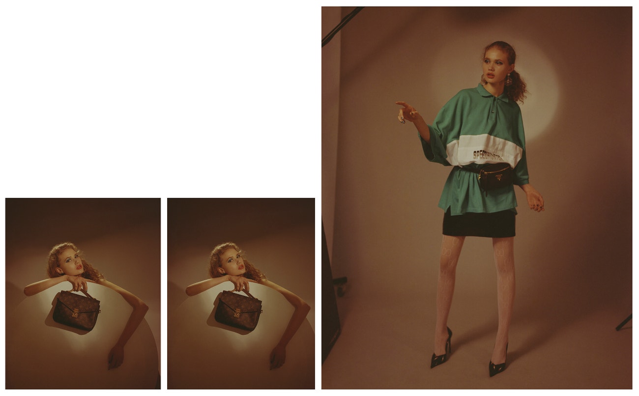 Vlevo: náušnice, PEET DULLAERT; kabelka, LOUIS VUITTON.  Vpravo: náušnice, PEET DULLAERT; triko, BALENCIAGA (prodává The Brands); sukně, LUKÁŠ MACHÁČEK, ledvinka, PRADA; silonky, GUCCI; lodičky, SAINT LAURENT (prodává Pařížská 17).