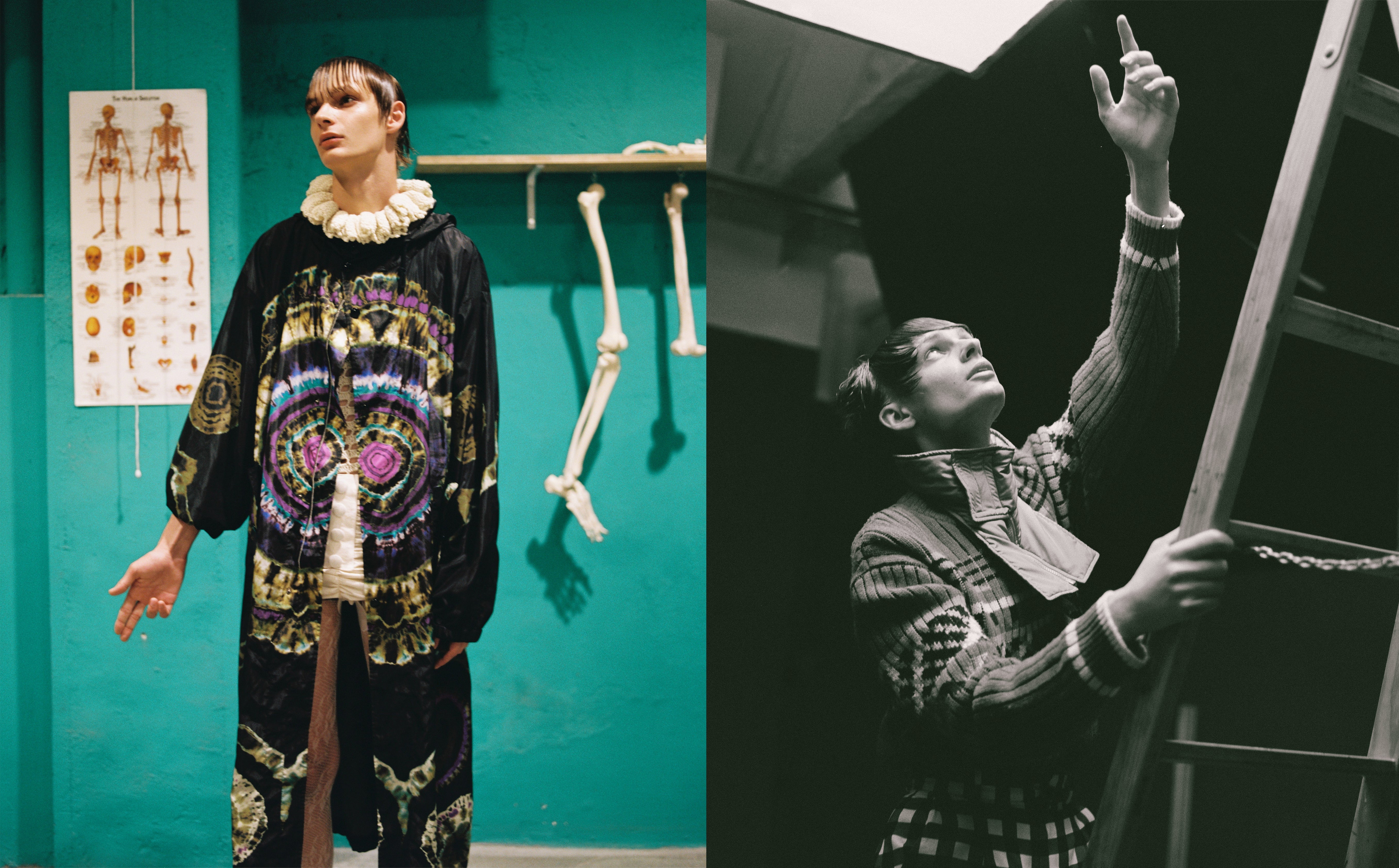 Vlevo: kabát, Dries Van Noten; košile, Palomo Spain; kraťasy, Alvaro Mars. Vpravo: svetr, šála, obojí Kenzo; košile, Carlota Barrera. Vlevo: kabát, Dries Van Noten; košile, Palomo Spain; kraťasy, Alvaro Mars. Vpravo: svetr, šála, obojí Kenzo; košile, Carlota Barrera.