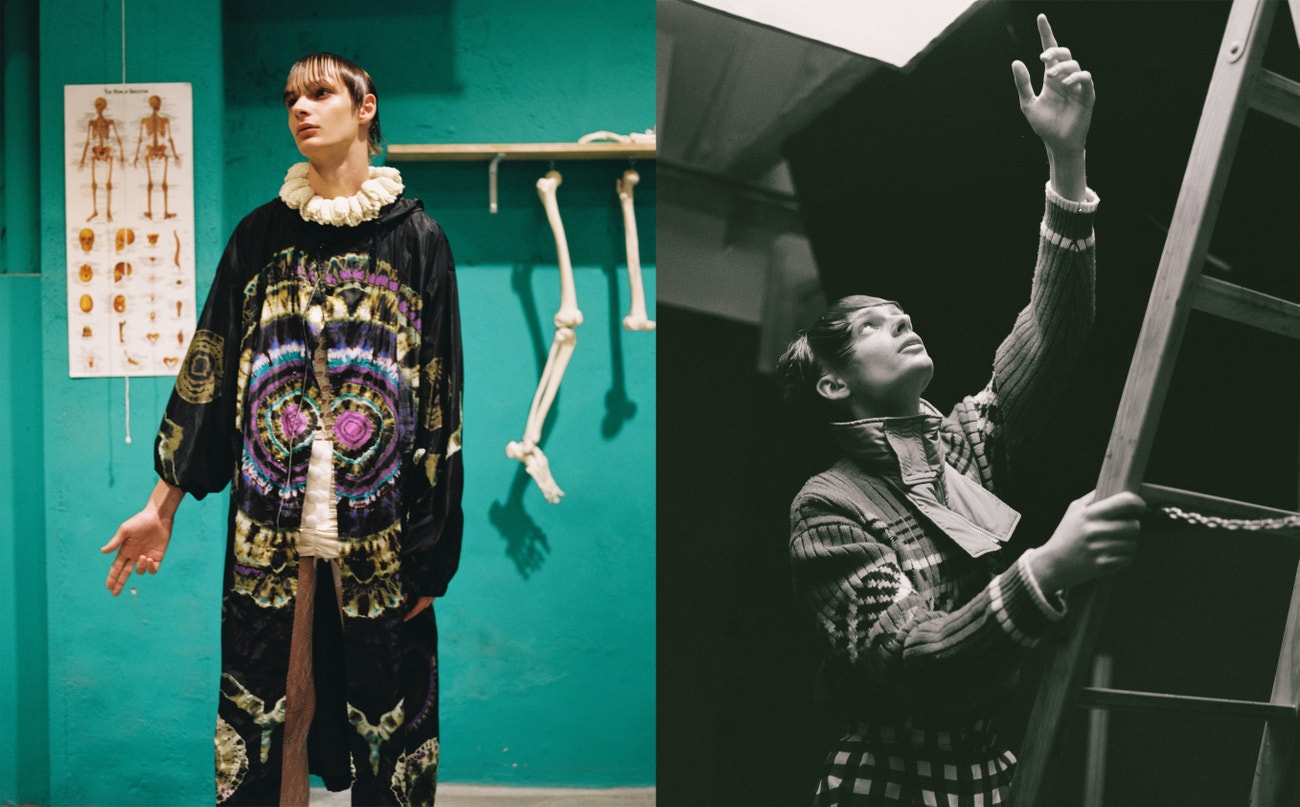 Vlevo: kabát, Dries Van Noten; košile, Palomo Spain; kraťasy, Alvaro Mars.  Vpravo: svetr, šála, obojí Kenzo; košile, Carlota Barrera.