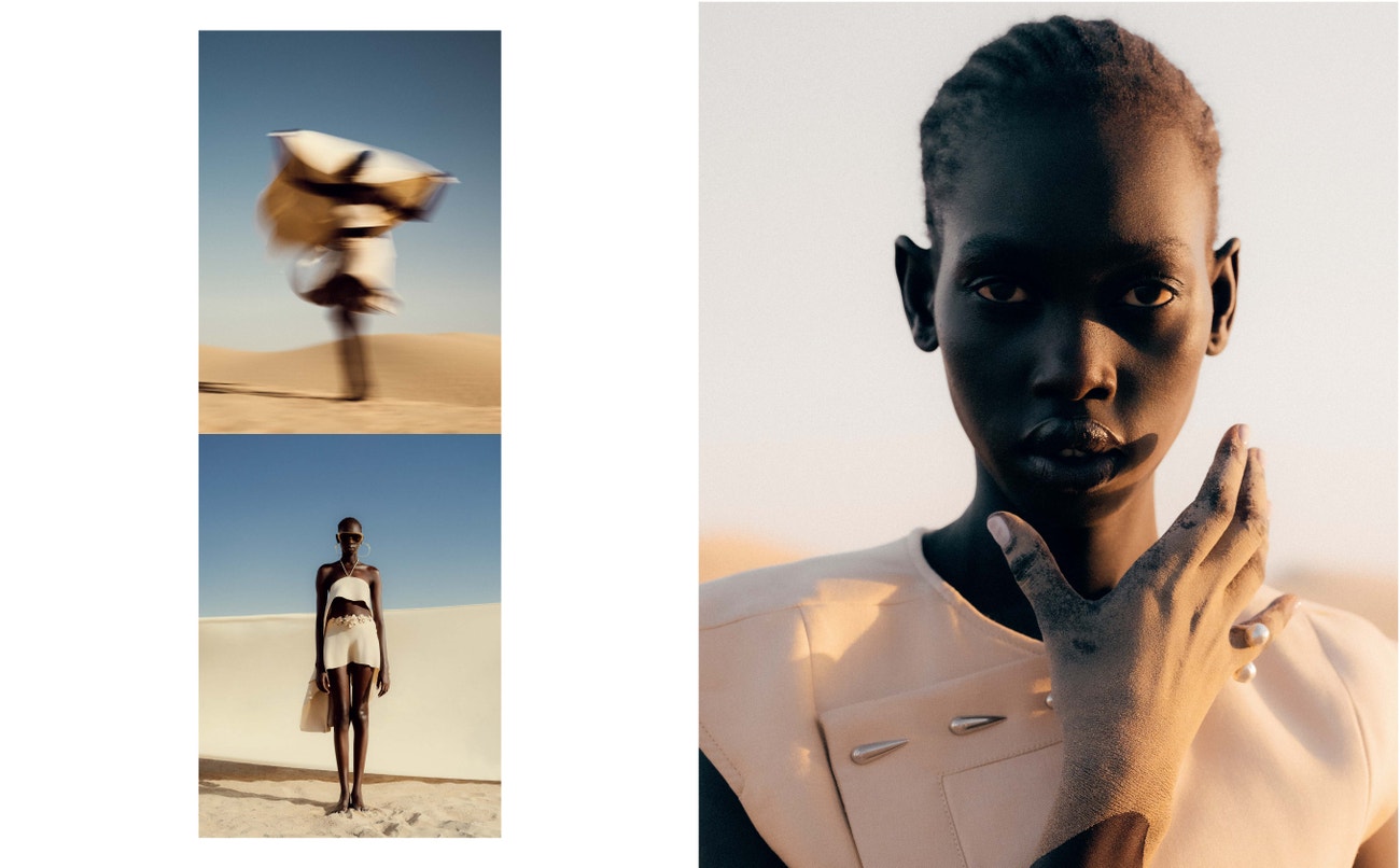 Vlevo: Šaty, GEORGES HOBEIKA; náušnice, NINA SEPO; brýle, PHOEBE PHILO; vpravo: Šaty, LOUIS VUITTON; prsten, ANNA RUSÍNOVÁ