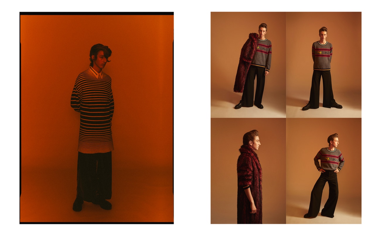 Vlevo: košile, Givenchy; svetr, Ester Ferrando; kalhoty, Andres Zurru; boty, Stella McCartney.  Vpravo: kabát, Corina + Irina; svetr, Kenzo; kalhoty, Andres Zurru; boty, Stella McCartney.