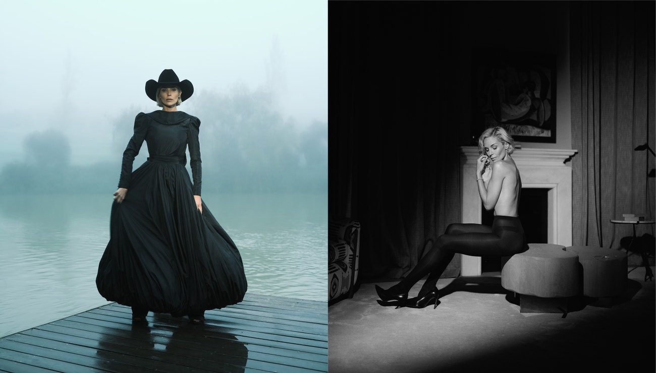 Left: Black dress* WALERIO ARAUJO, cowboy hat SOL E LUA, pants FRANCESCA, boots BALMAIN, jewellery RICHARD COLLECTION*