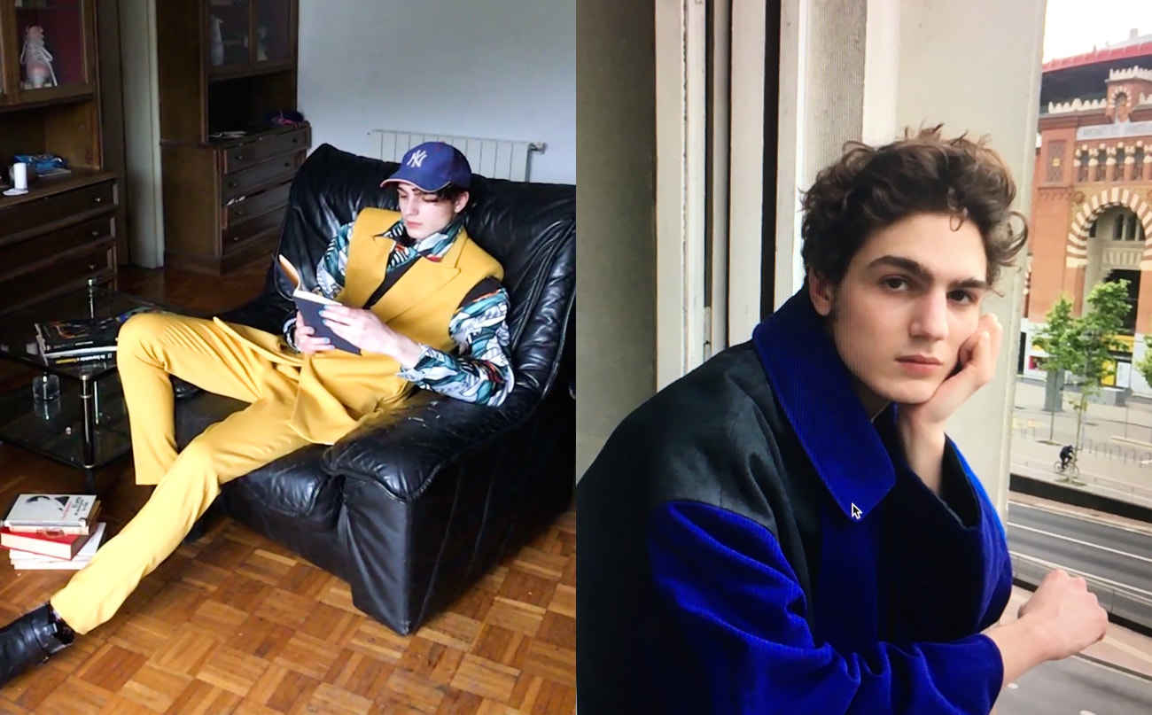 Vlevo: pánský oblek, Christian Simmons; košile, John Galliano; boty, Saint Laurent; kšiltovka, vintage.  Vpravo: Kabát, John Galliano.