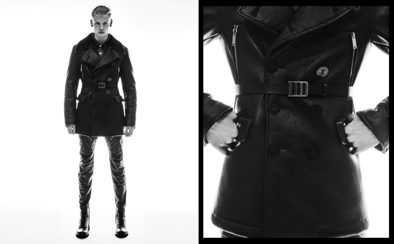 Vlevo: kabát, Dsquared2; košile, Acne Studios; kalhoty, Dsquared2; pásek, Diesel; boty, Giuseppe Zanotti.  Vpravo: kabát, Dsquared2; košile, Acne Studios; kalhoty, Dsquared2; pásek, Diesel; prsteny, Vintage.