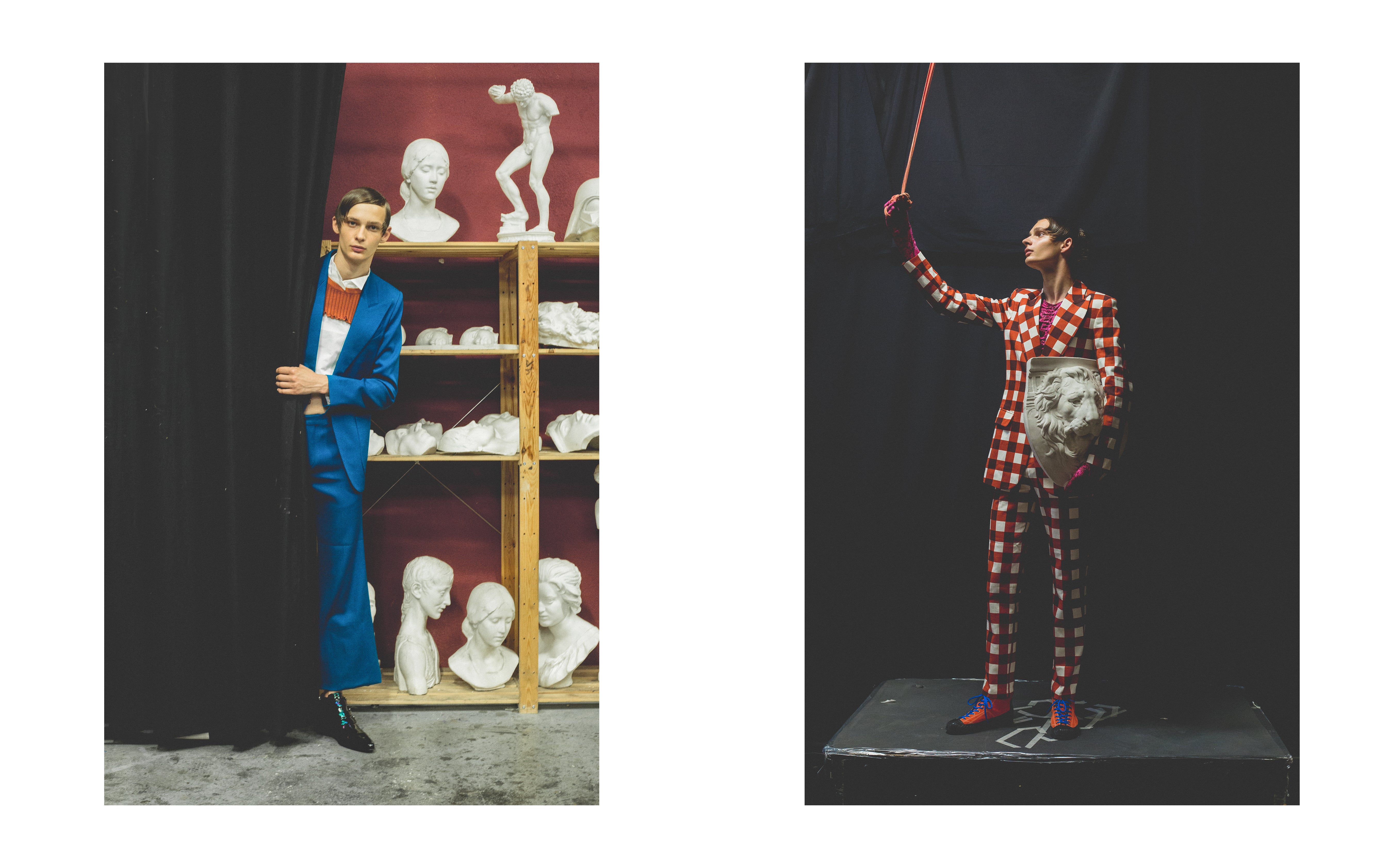 Vlevo: sako, kalhoty, obojí Givenchy; košile, Carlota Barrera; svetr, Peet Dullaert; boty, Givenchy. Vpravo: sako, kalhoty, obojí Carlota Barrera; top, Alvaro Mars; boty, Kenzo. Vlevo: sako, kalhoty, obojí Givenchy; košile, Carlota Barrera; svetr, Peet Dullaert; boty, Givenchy. Vpravo: sako, kalhoty, obojí Carlota Barrera; top, Alvaro Mars; boty, Kenzo.