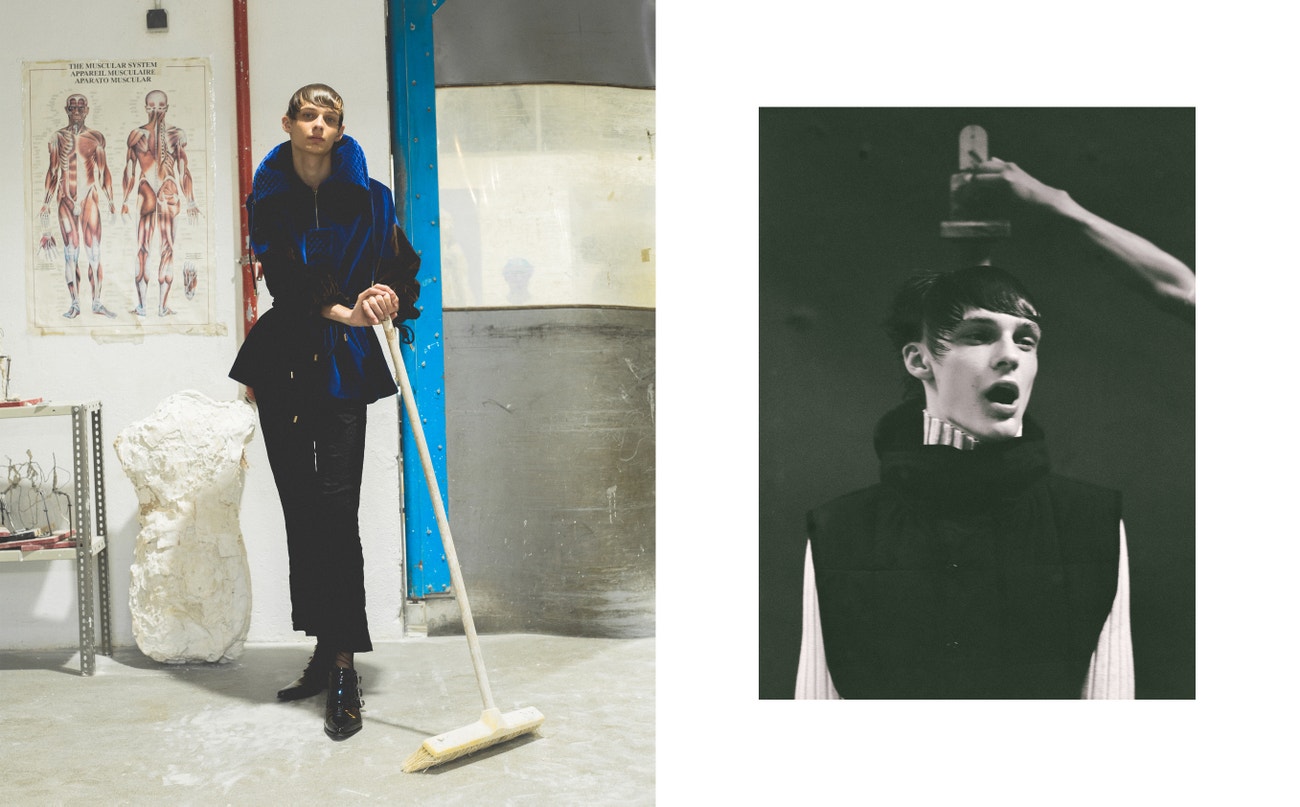 Vlevo: sako, Palomo Spain; kalhoty, Peet Dullaert; boty, Givenchy.  Vpravo: svetr, vesta, obojí Dries Van Noten.