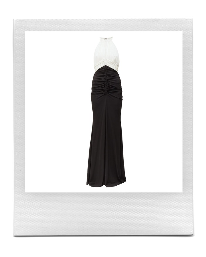 Halterneck ruched crepe gown, Alexander McQueen, sold by Matchesfashion, 3,290 EUR