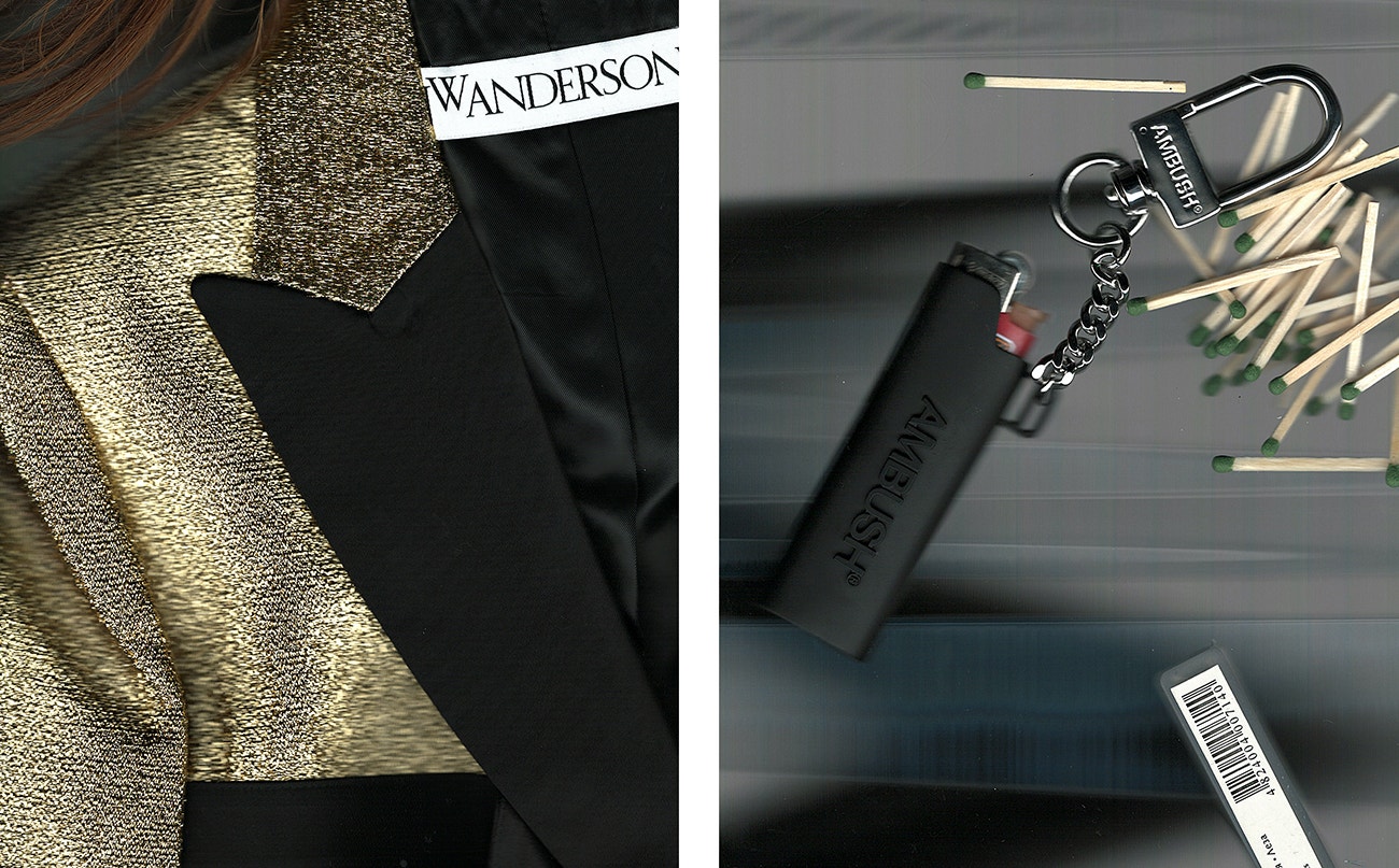 Vlevo: blazer, JW Anderson.  Vpravo: pouzdro, Ambush.