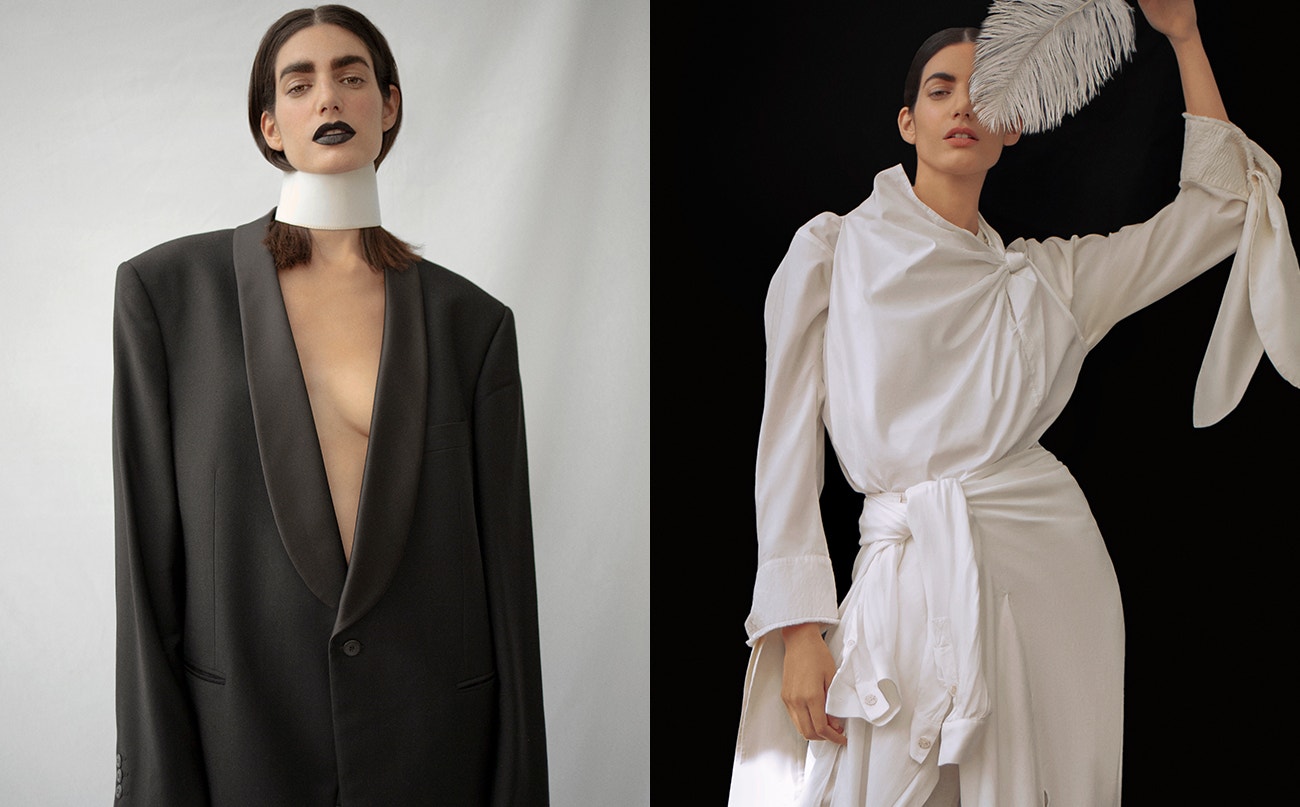 Vlevo: choker, Givenchy; sako, Emilio Pucci.  Vpravo: top, Nell&Me; košile, Valentino; kalhoty, Dries Van Noten.