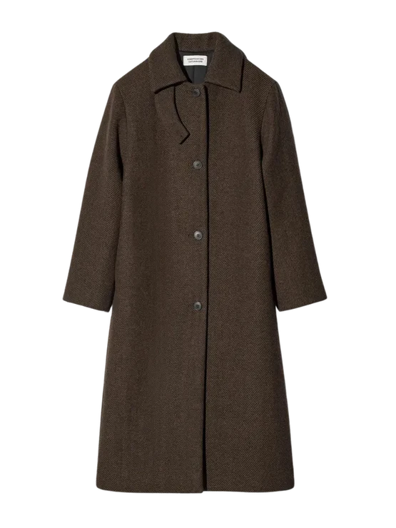 Dlouhý hnědý kabát z vlněné směsi, UNIQLO, 245 €