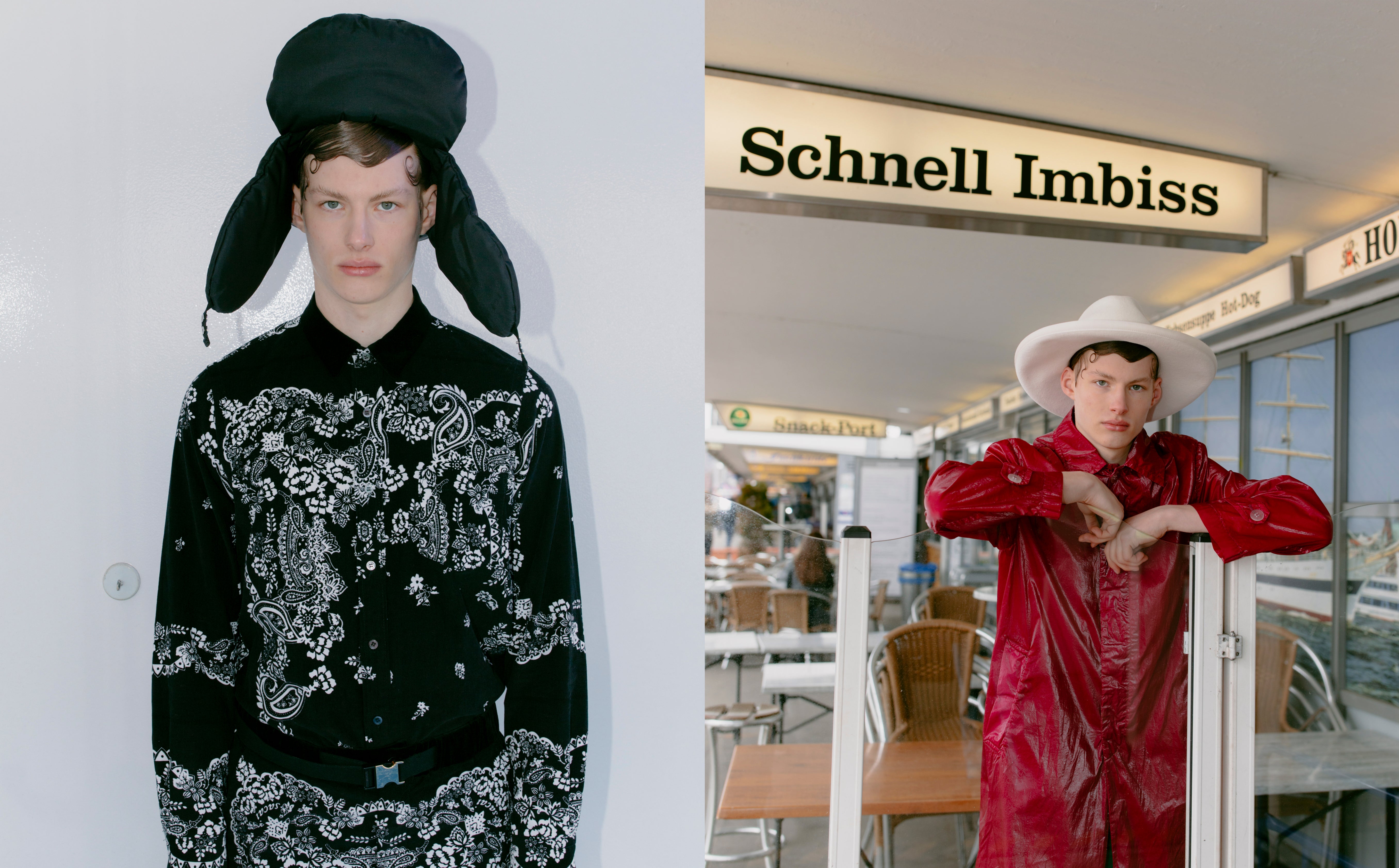 Vlevo: košile, kalhoty, pásek, vše Sacai; čepice, Prada. Vpravo: kabát, Dries Van Noten; klobouk, Gucci. Vlevo: košile, kalhoty, pásek, vše Sacai; čepice, Prada. Vpravo: kabát, Dries Van Noten; klobouk, Gucci.