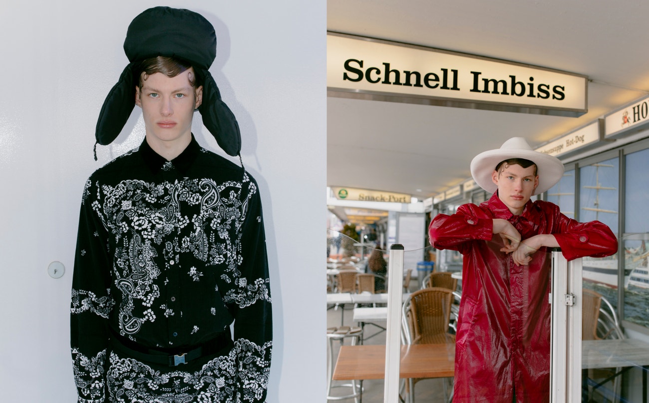 Vlevo: košile, kalhoty, pásek, vše Sacai; čepice, Prada.  Vpravo: kabát, Dries Van Noten; klobouk, Gucci.