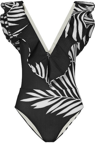 Černobílé plavky s volánem, Johanna Ortiz, prodává Farfetch.com, 603 €