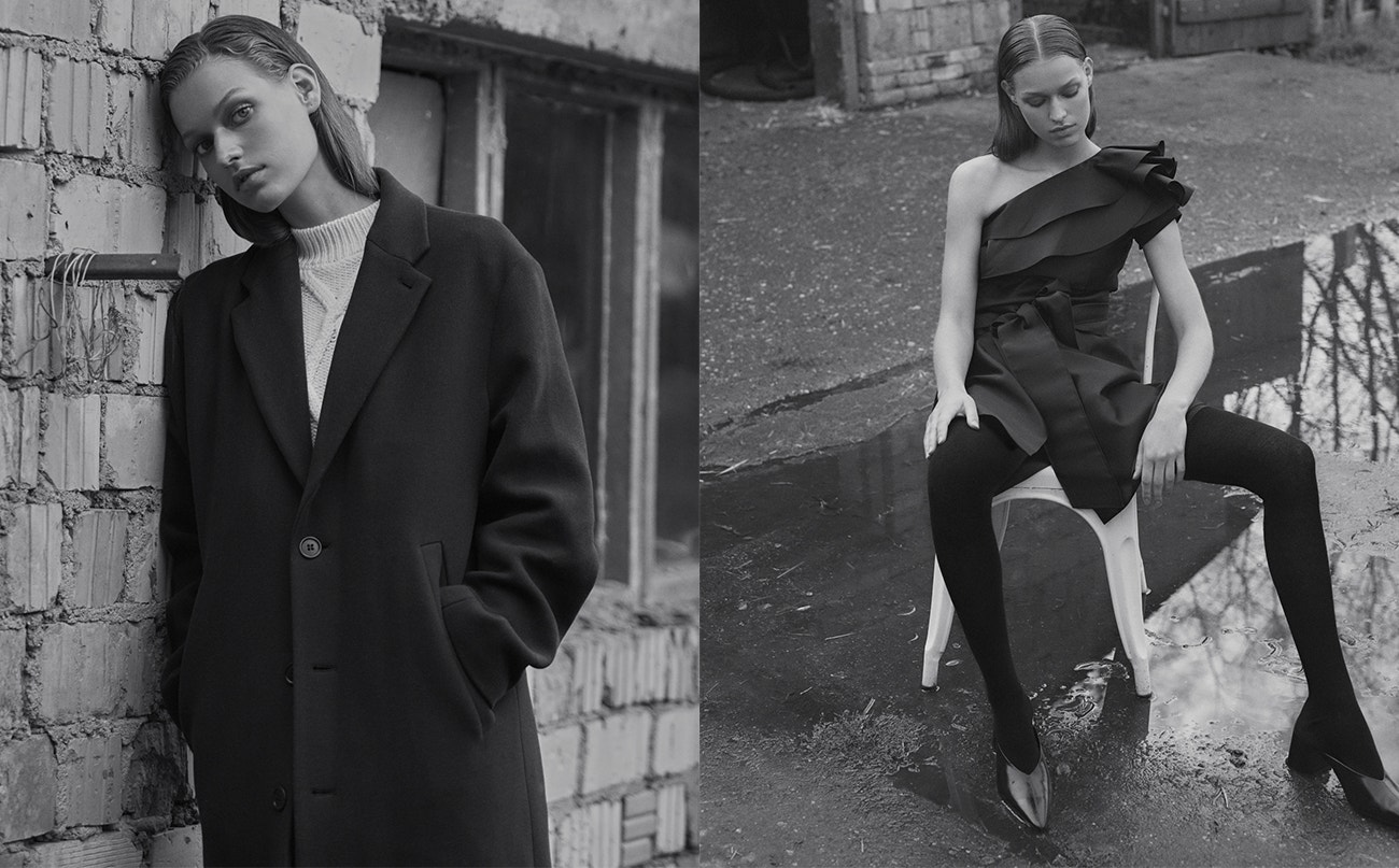 Vlevo: svetr, Max Mara; kabát, Stella McCartney.  Vpravo: šaty, Alberta Ferretti; punčocháče, Wolford; boty, Givenchy.