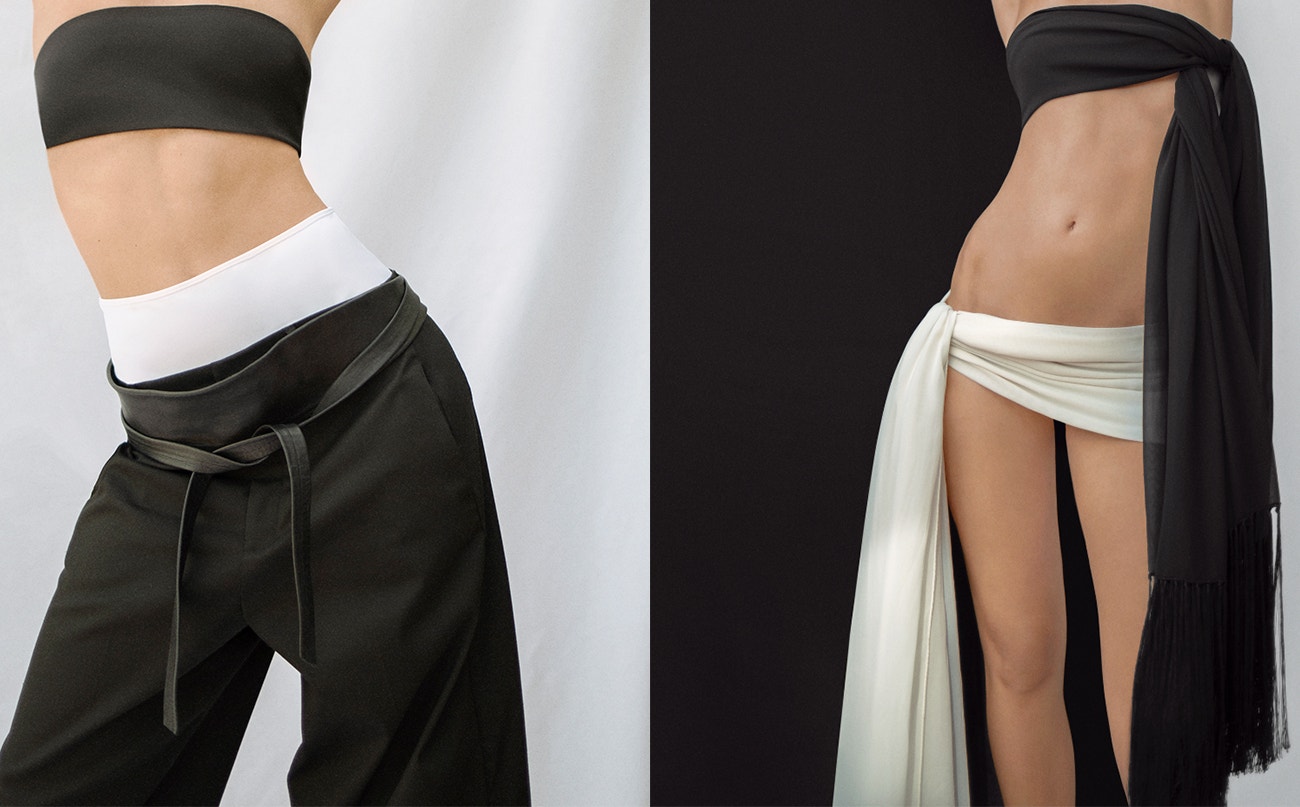 Vlevo: top, body, obojí Onne Swimwear; pásek, Gucci; kalhoty, Balenciaga.  Vpravo: šály, Loewe.
