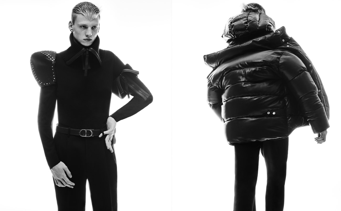Vlevo: _ rolák, Dsquared2; kšiltovka, Loewe; kalhoty, Alexander McQueen; pásek, Dior;  límeček, Reebok x Victoria Beckham.  Vpravo: bunda, Balmain; kalhoty_, Alexander McQueen.