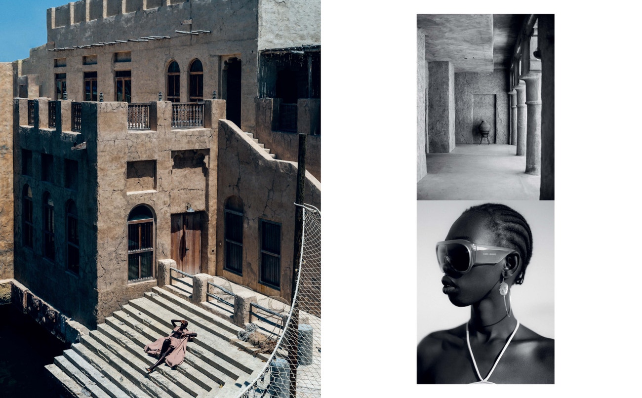 Vlevo: Kabát, podprsenka a sukně, vše ALAÏA; boty, GIUSEPPE ZANOTTI; vpravo: Šaty, GEORGES HOBEIKA; náušnice, NINA SEPO; brýle, PHOEBE PHILO