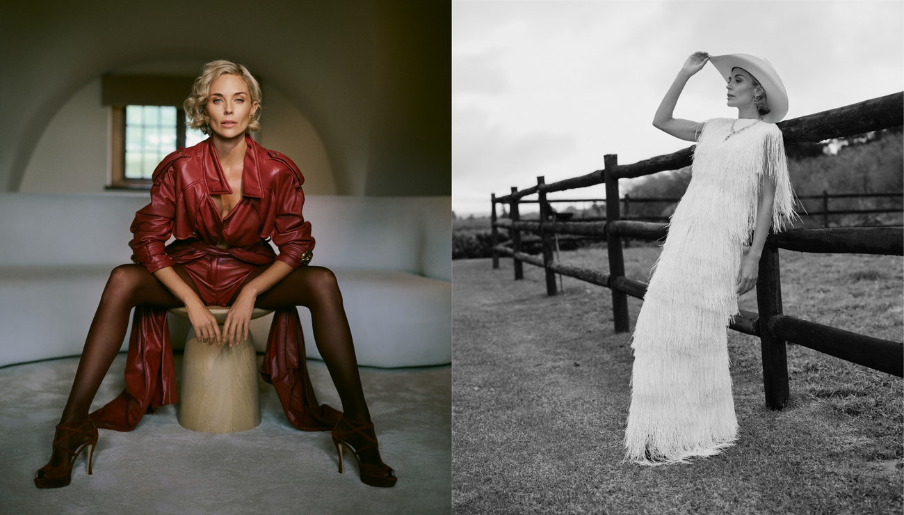 Left: Trench coat and mini short LELIAH, shoes MIU MIU, tights CALZEDONIA, earrings ELISA PARPINELLI; right: Cowboy hat SOL E LUA, scarf DIOR, dress BRASILERO, shoes RALPH LAUREN, jewellery RICHARD COLLECTION