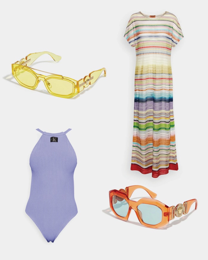 Plavky, Calvin Klein Swimwear, Zalando, 109,95 €; slnečné okuliare, Versace, Zalando, 240 €; plážové šaty, Missoni, Zalando, 720 €; slnečné okuliare, Versace, Zalando, 260 €