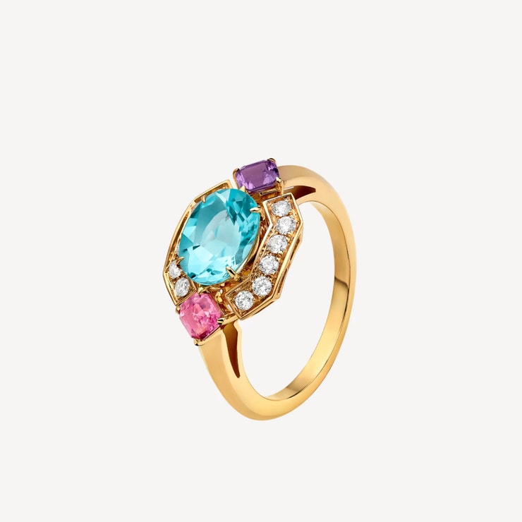 Prsten Allegra z 18ti karátového zlata s diamanty a drahokamy, BULGARI, 12 000 €