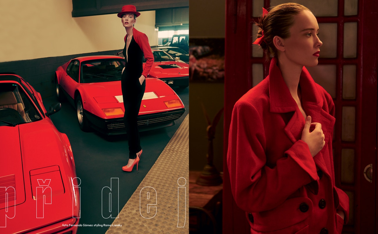 Vlevo: kabát, SAINT LAURENT by Anthony Vaccarello.  Vpravo: body, WOLFORD; vesta, ALLUDE; kalhoty a boty, obojí DOLCE & GABBANA; klobouk, PHILIP TREACY.