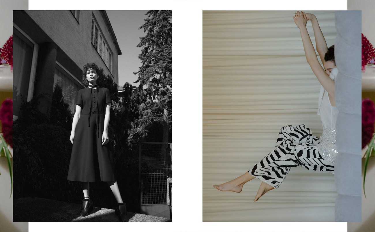 Vlevo: šaty, VALENTINO (prodává Alizé); boty, NEHERA; náramek, DZRBERG/KERN (prodává Moloko).  Vpravo: top, sukně, kalhoty, vše H&M STUDIO.