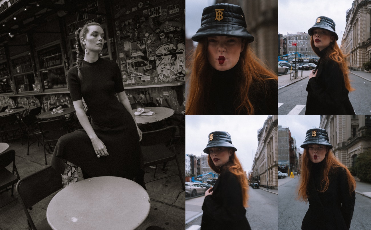 Vlevo: šaty STELLA MCCARTNEY, náušnice a prsten SAZINGG, boty SCHUTZ; Vpravo: kabát ERMANNO SCERVINO, top ANINE BING, klobouk BURBERRY