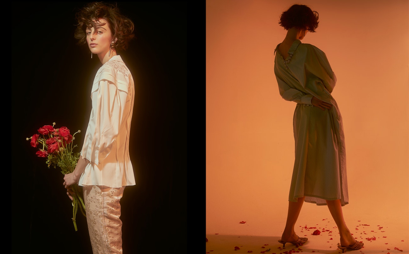 Vlevo: halenka, CHLOÉ, kalhoty, MARNI; vpravo: šaty, ROMANCE WAS BORN, boty, stylistky vlastní