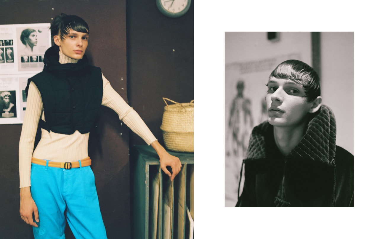 Vlevo: svetr, vesta, obojí Dries Van Noten; kalhoty, Kenzo.  Vpravo: sako, Palomo Spain.