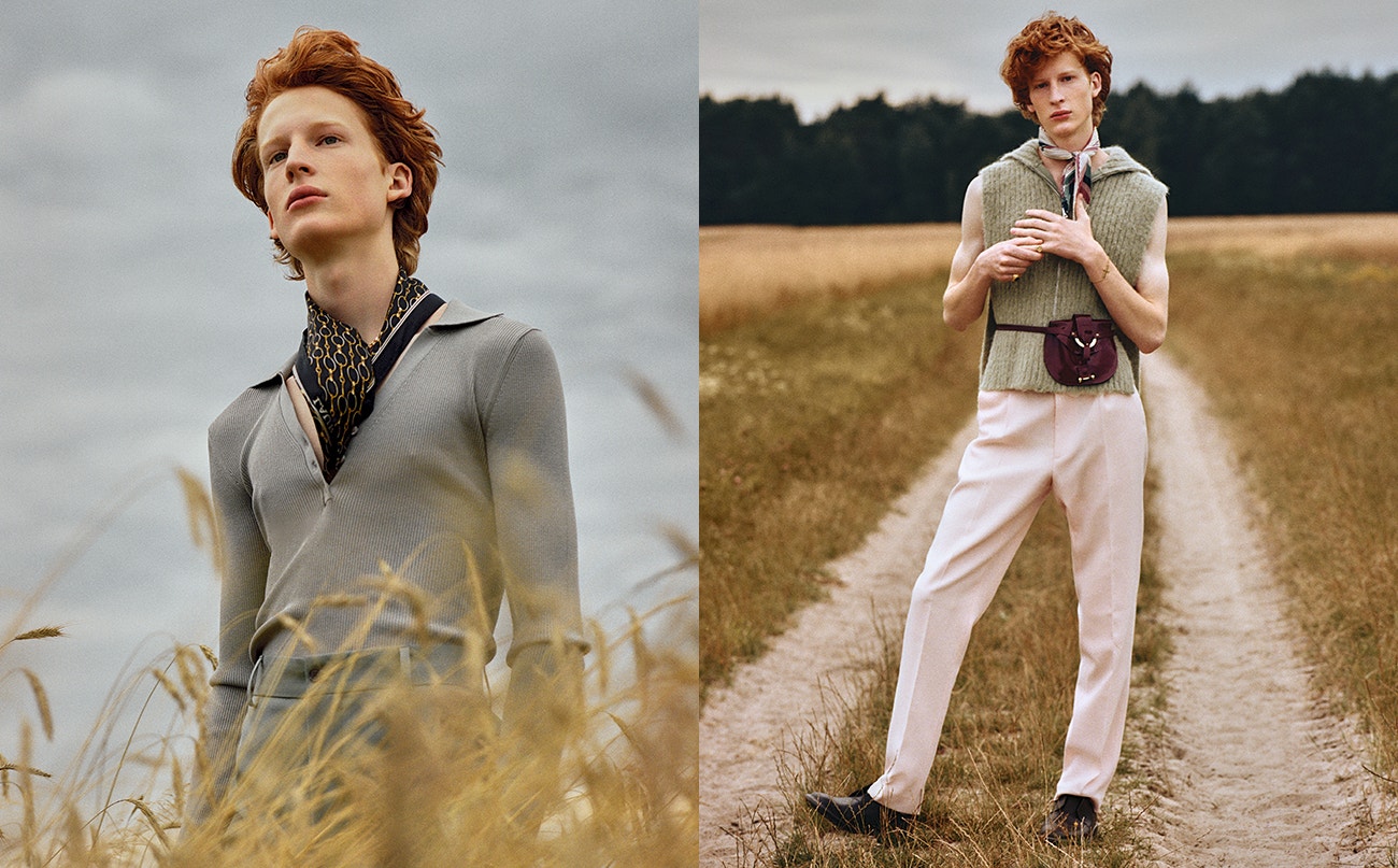 Vlevo: košile, Weekday; kalhoty, J.Lindeberg; řetěz, Versace; šála, Ralph Lauren.  Vpravo: svetr, COS; kalhoty, pásek, obojí MMC Studio; šála, Vintage, šperky, Vitaly; boty, COS.