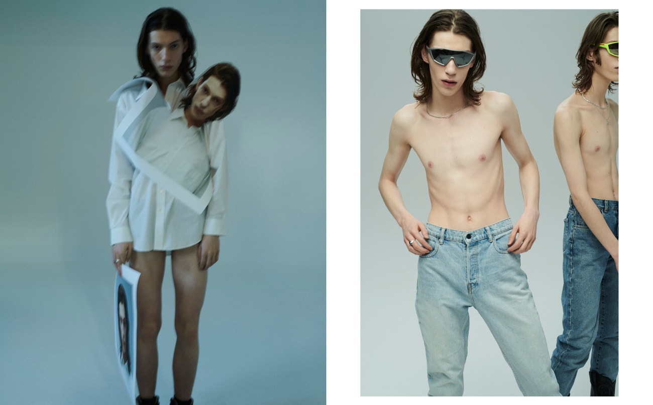 Vlevo: košile, BALMAIN; boty, T34.  Vpravo: Oskar: džíny, ALEXANDER WANG; brýle, PRADA. Kacper: džíny, CALVIN KLEIN; brýle, PRADA, boty, JOE SANCHEZ.