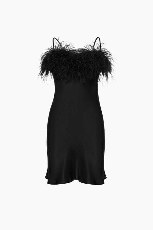 Boheme Mini Slip Dress with Feathers in Black, Sleeper, prodává Sleeper, 290 $