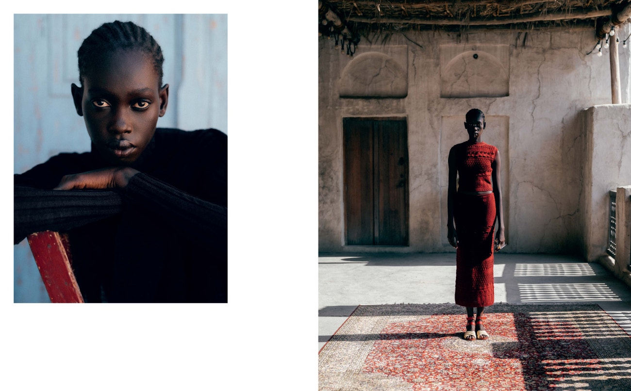 Vlevo: Top, DIOR; vpravo: Top, sukně a boty, vše ELIE SAAB; ozdoba na nos a pusu a prsteny, vše BOLD STUDIO